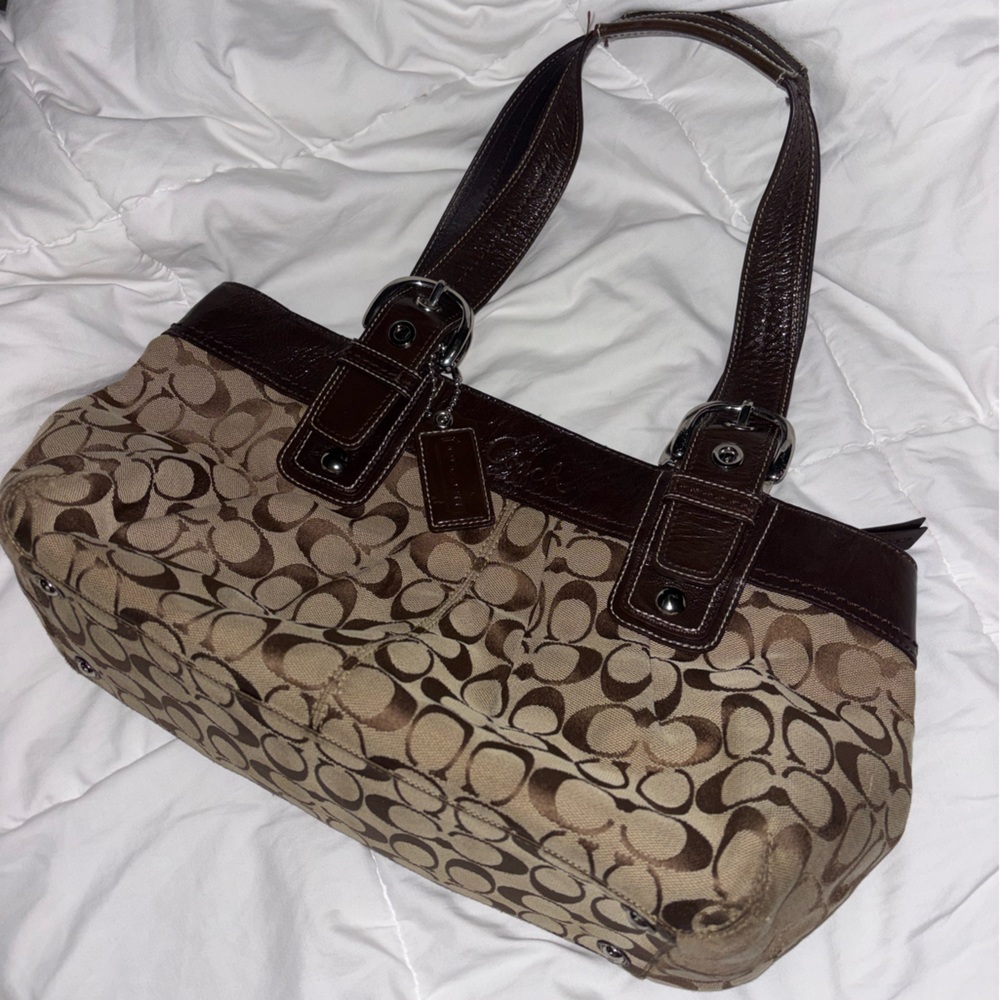Coach Vintage Tan and Brown Signature Shoulder Bag